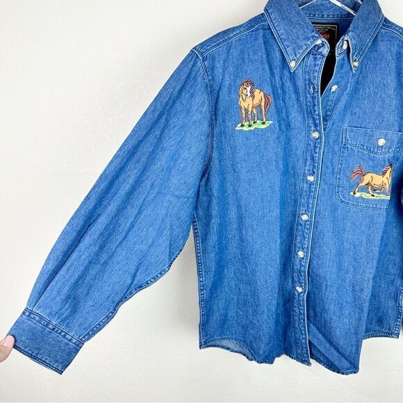 Wrangler Vintage 90s Denim Chambray Button Down Horse Rodeo Embroidered Shirt S - Picture 5 of 6